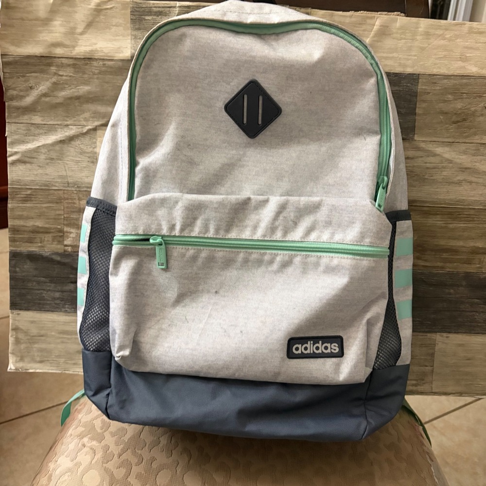 Adidas Classic Backpack Heather Grey Mint Green 3-Stripes Laptop Bag